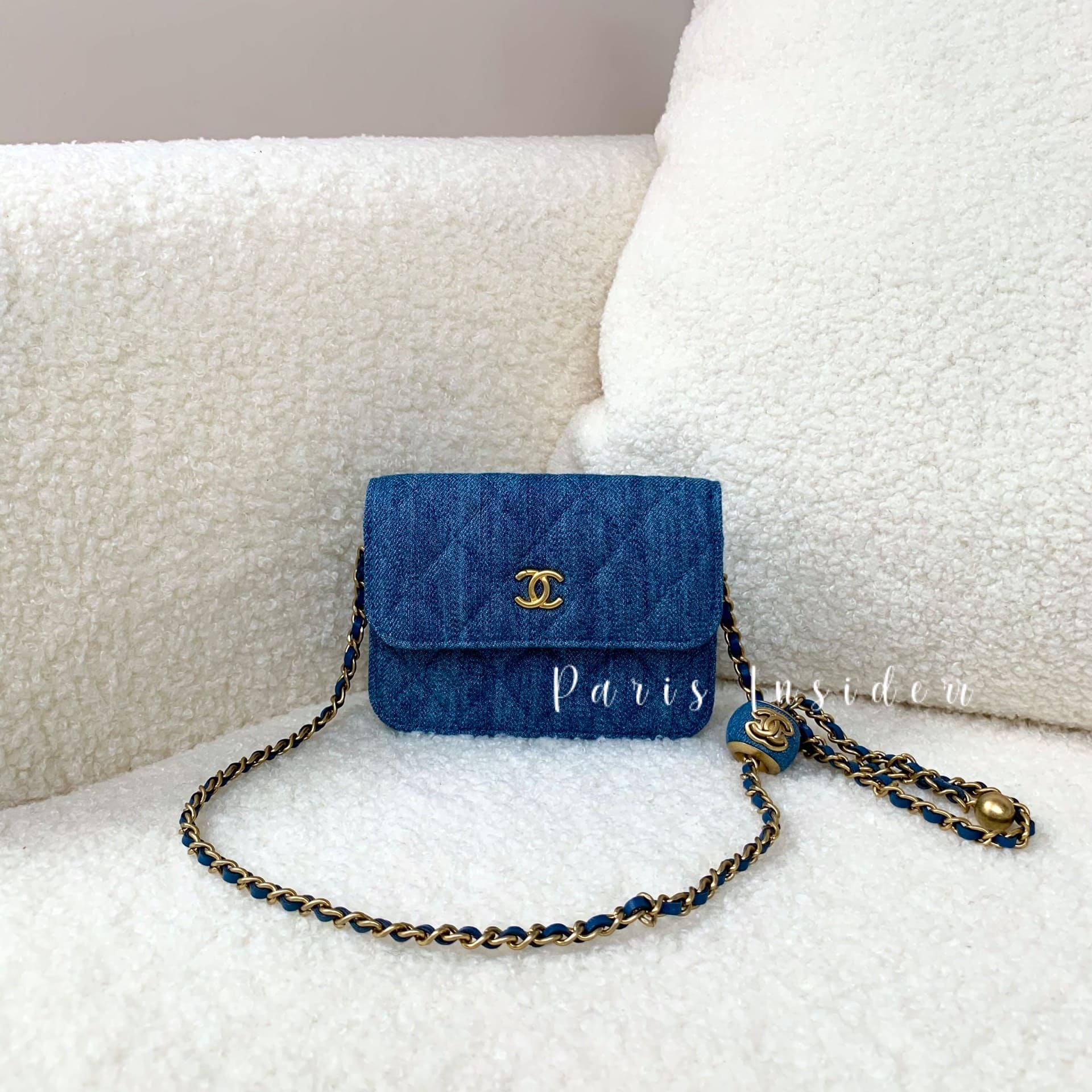 Chanel Mini Denim Clutch With Gold Ball Chain