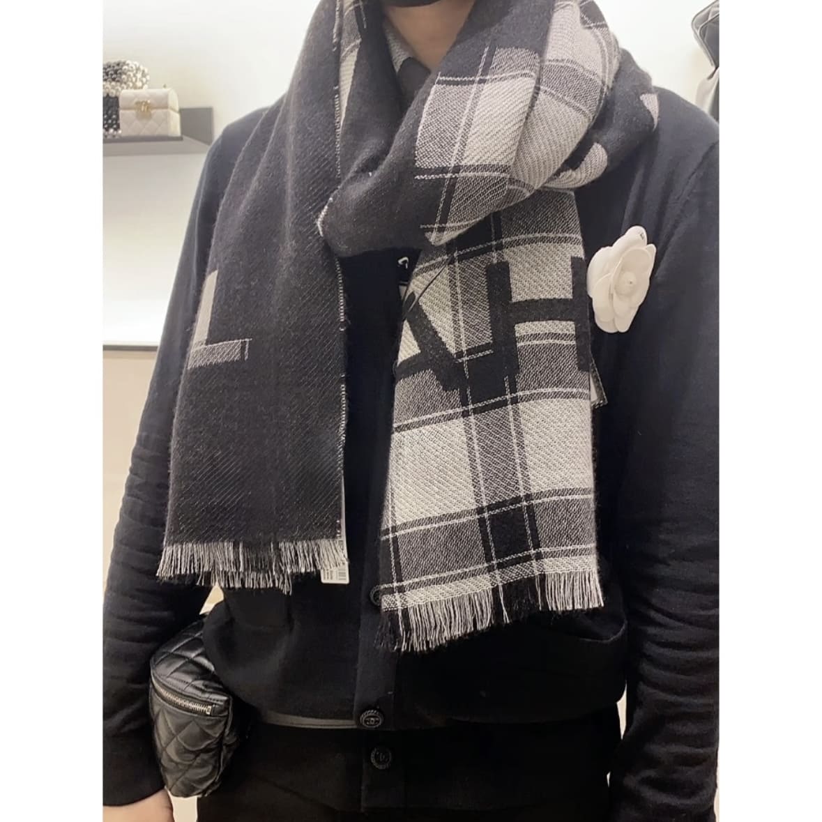 Chanel Checkered Pattern Scarf Black With Grey - Image 4
