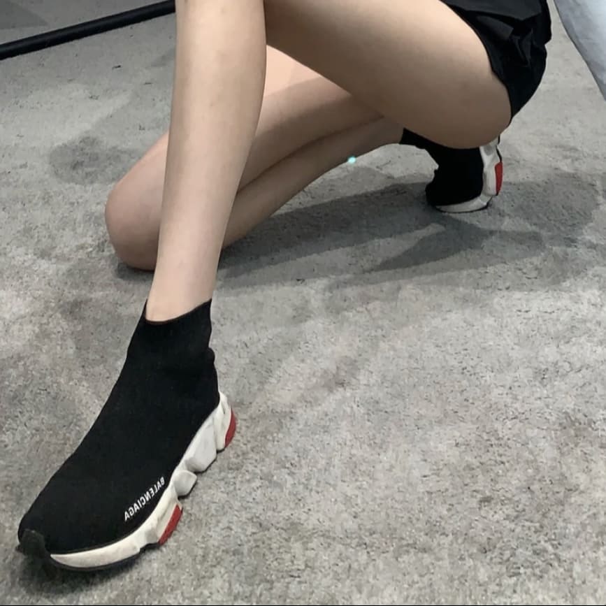 Balenciaga Speed 2.0 Recycled Knit Sneakers Black Red Sole - Image 4