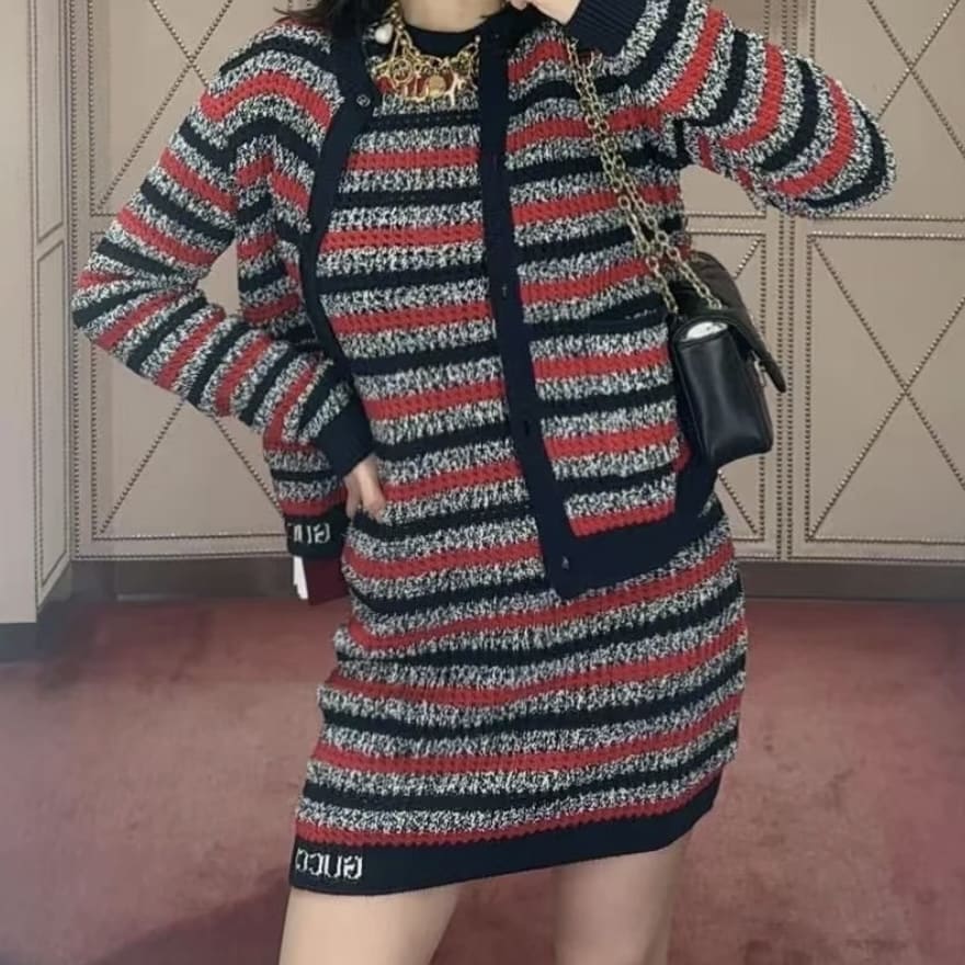 Gucci Striped Cotton Cardigan With Intarsia - Navy And Red 海軍藍拼紅色 - Image 4