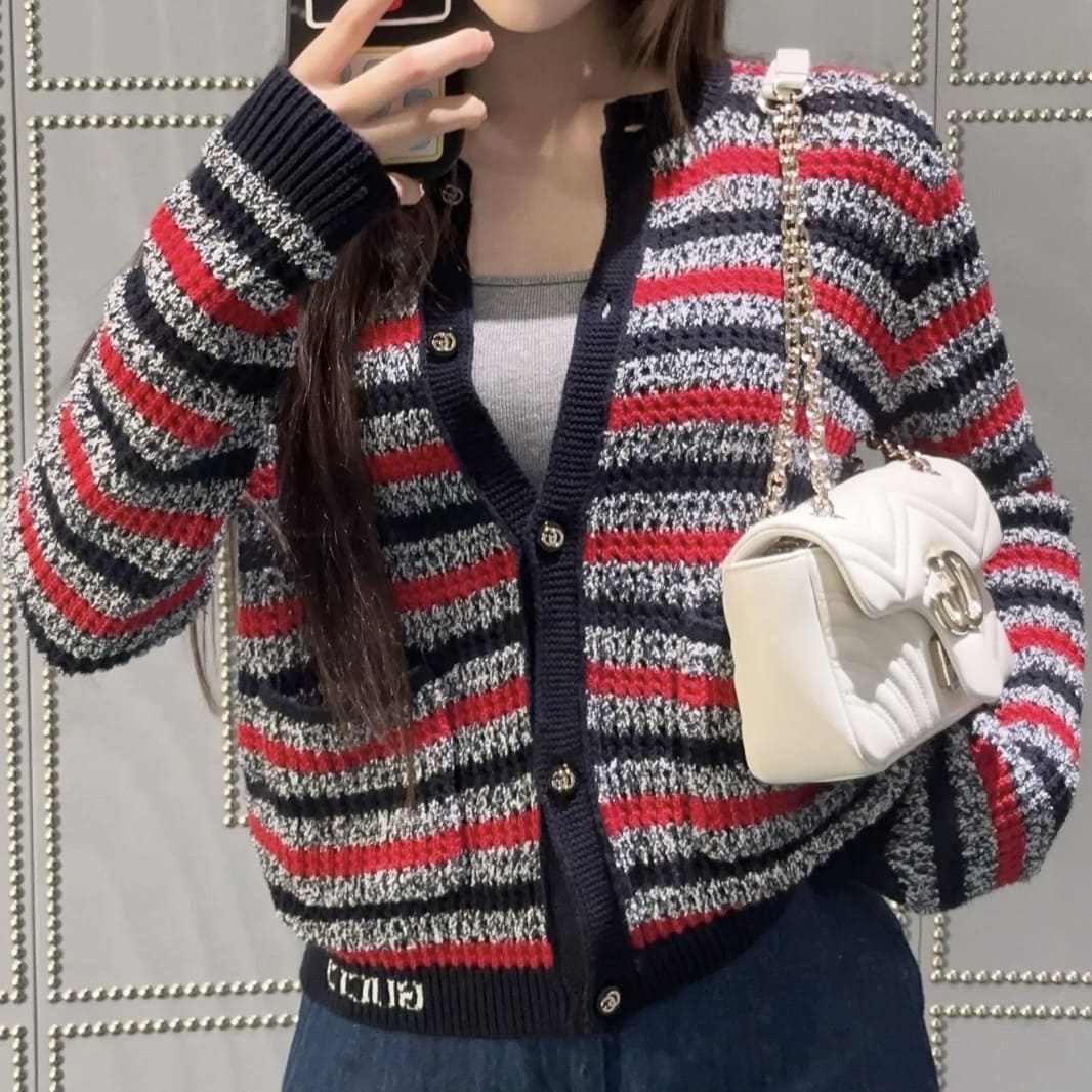 Gucci Striped Cotton Cardigan With Intarsia - Navy And Red 海軍藍拼紅色 - Image 6