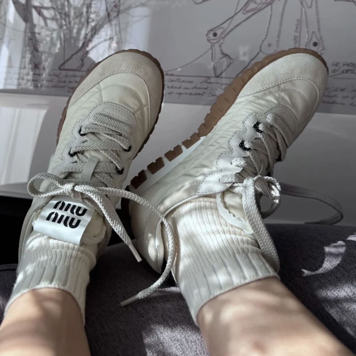 Miu Miu Tyre Technical Fabric And Suede Sneakers - Ivory 象牙白 - Image 4