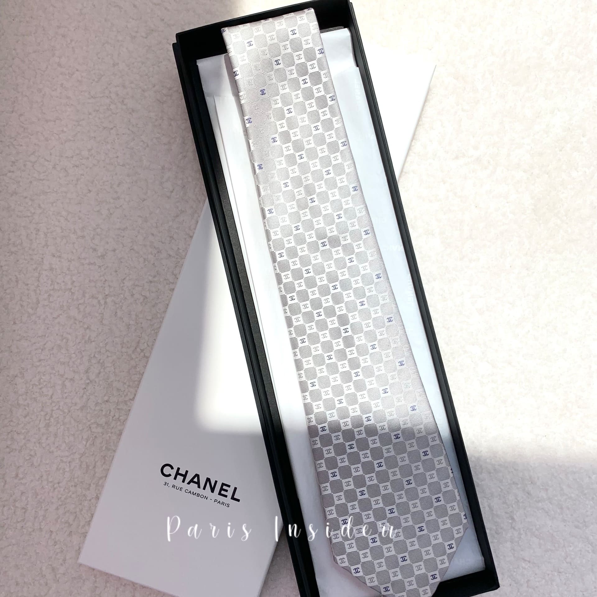 Chanel Checkered Pattern Tie Silver With White