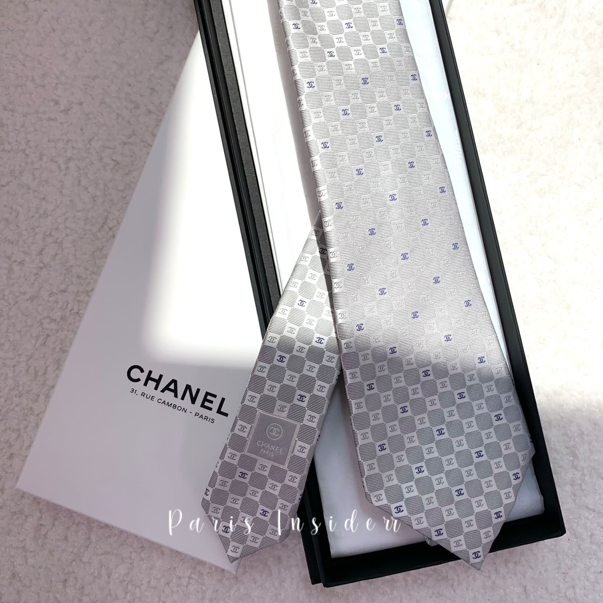 Chanel Checkered Pattern Tie Silver With White - Image 2