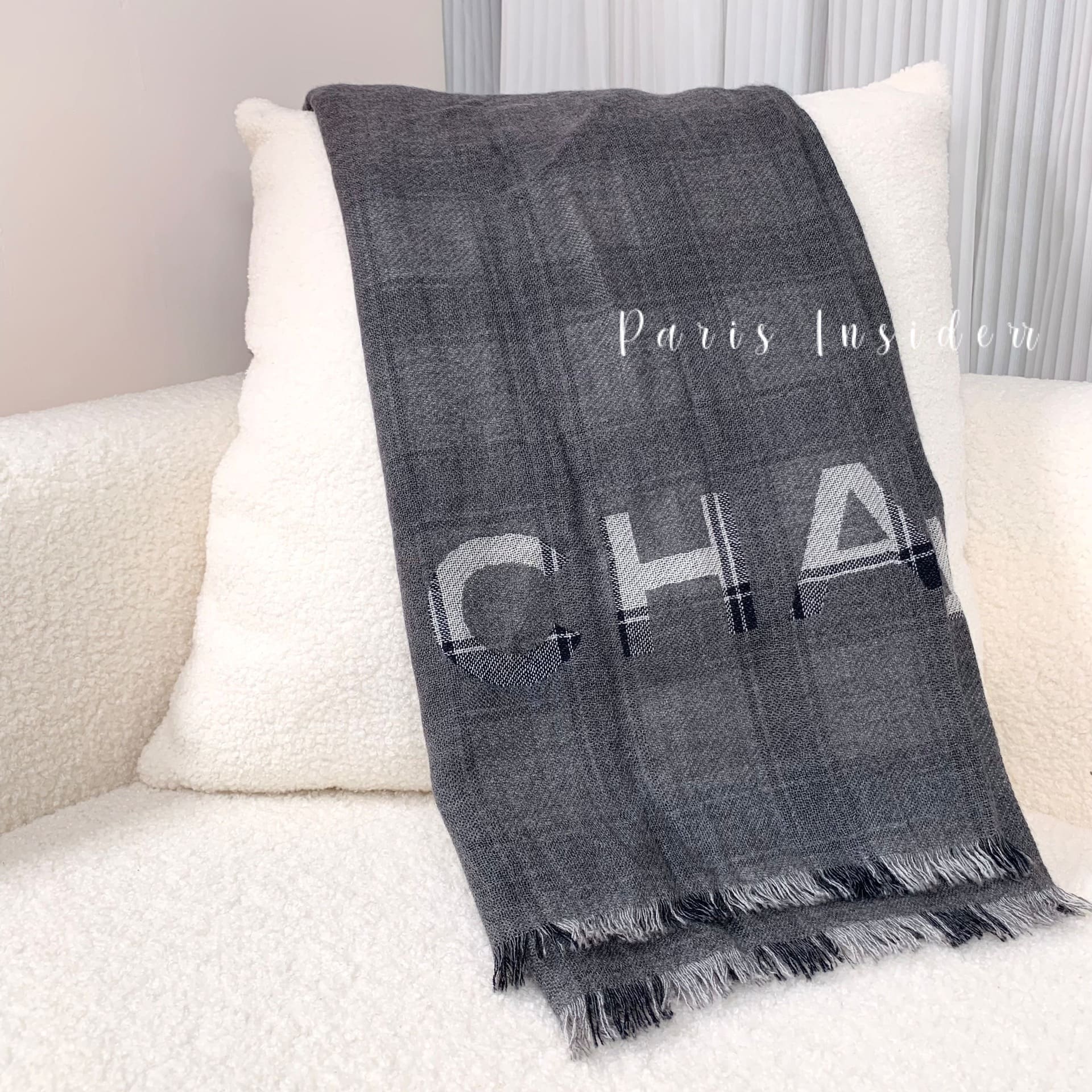 Chanel Checkered Pattern Scarf Black With Grey