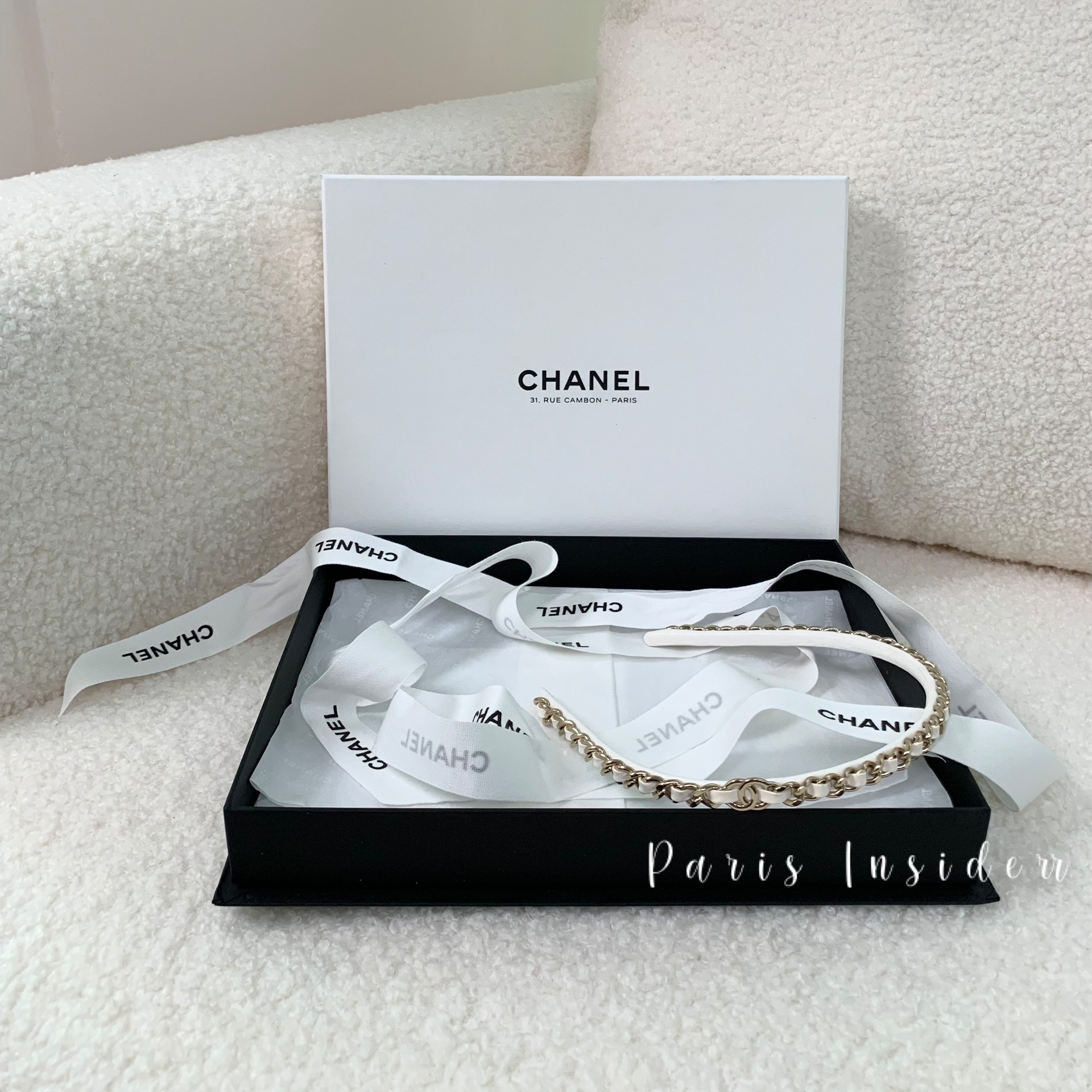 Chanel CC Logo White Headband With Gold