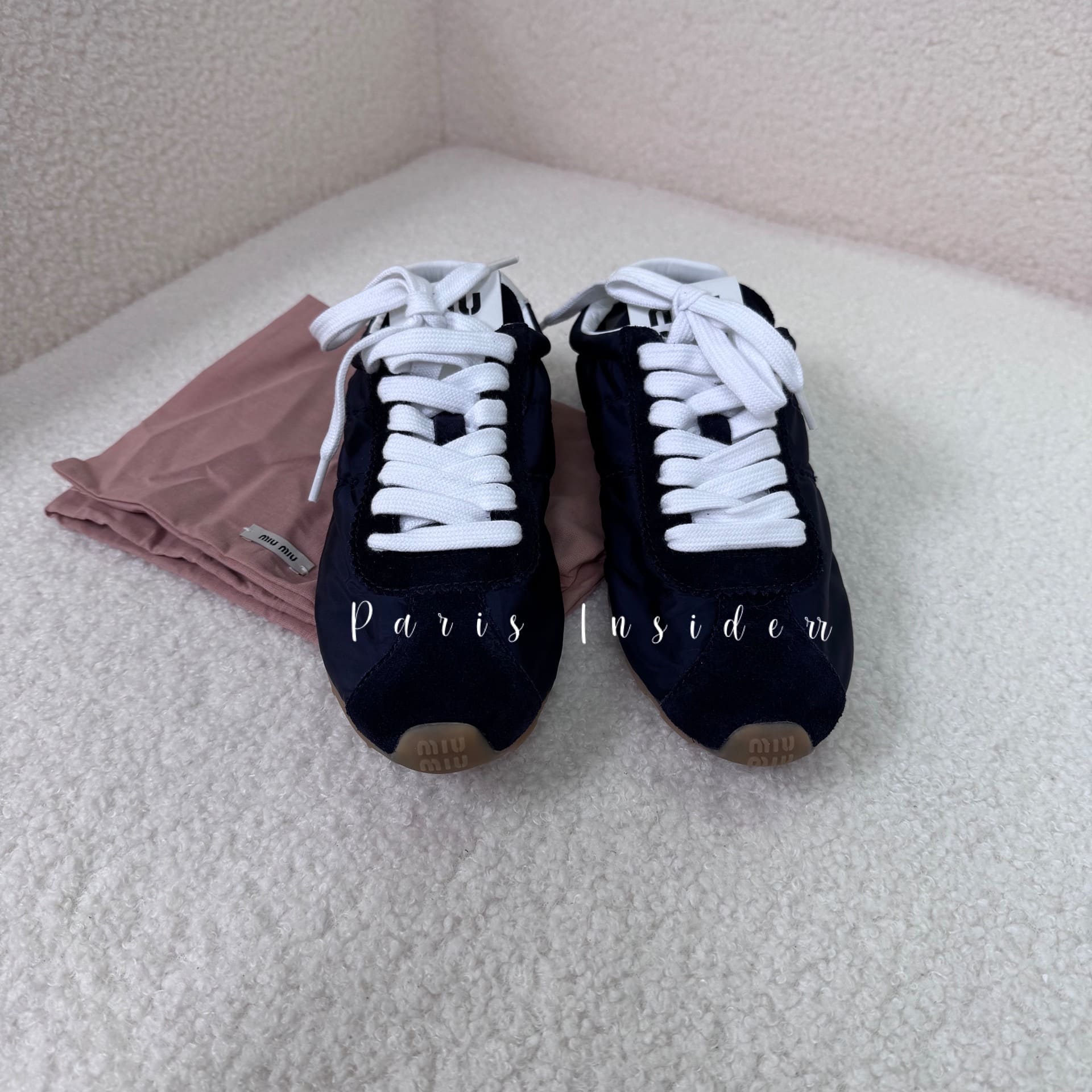 Miu Miu Navy Plume Technical Fabric And Suede Sneakers