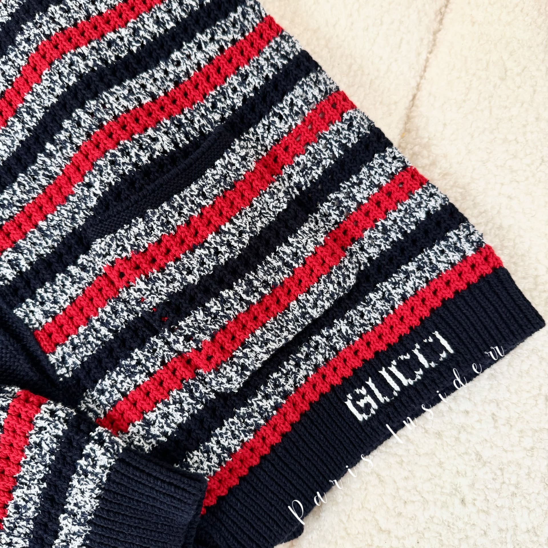 Gucci Striped Cotton Cardigan With Intarsia - Navy And Red 海軍藍拼紅色 - Image 2