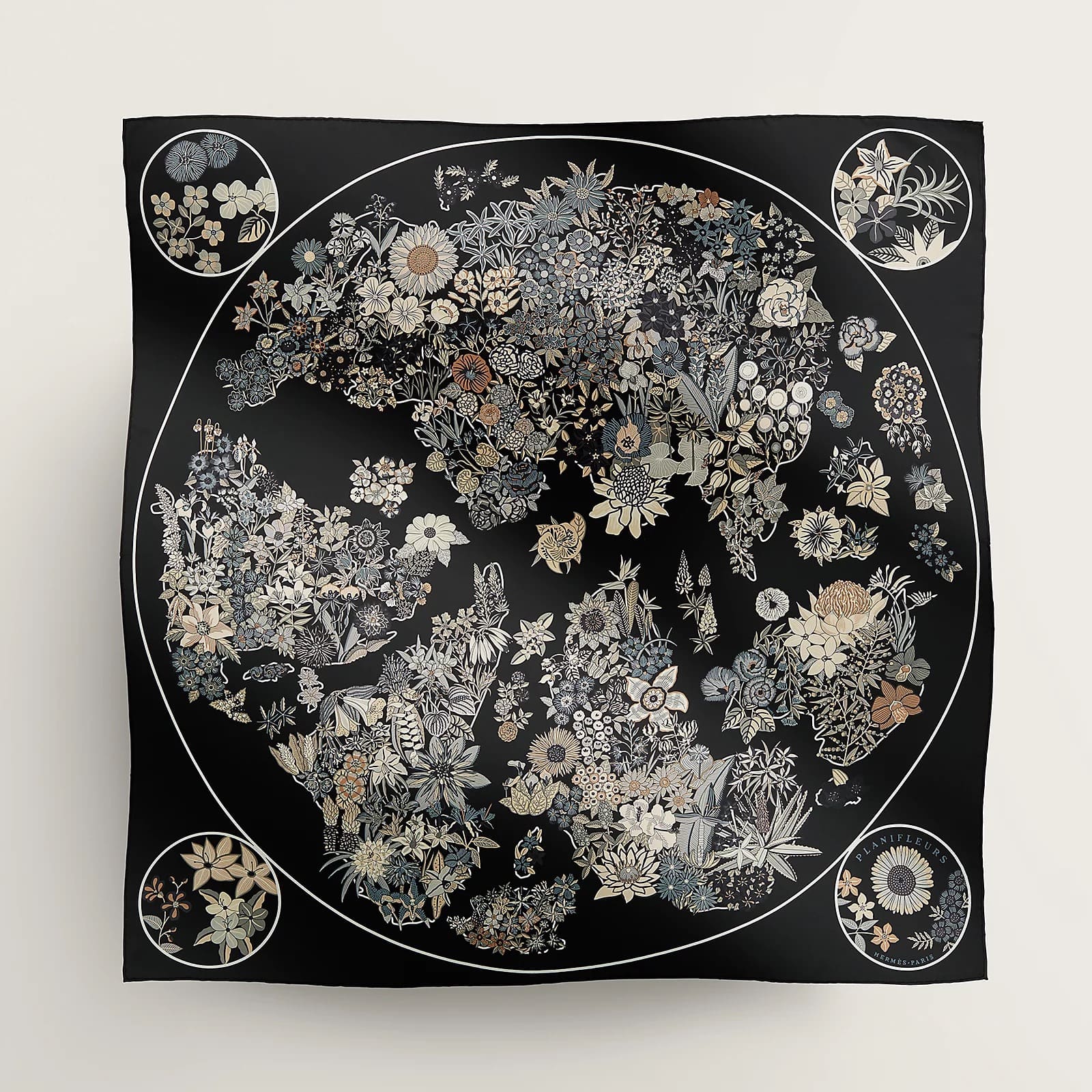 Hermes Planifleurs Scarf 90 Noir x Gris x Parchemin - Image 2