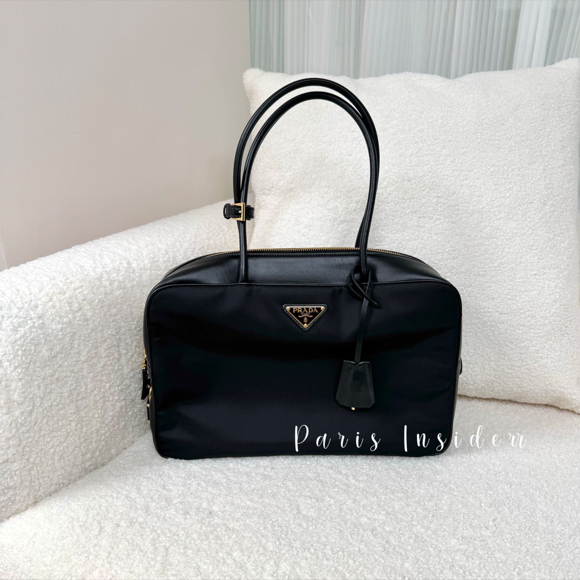 Prada Large Re-Nylon And Leather Top-Handle Bag With Padlock - Black 黑