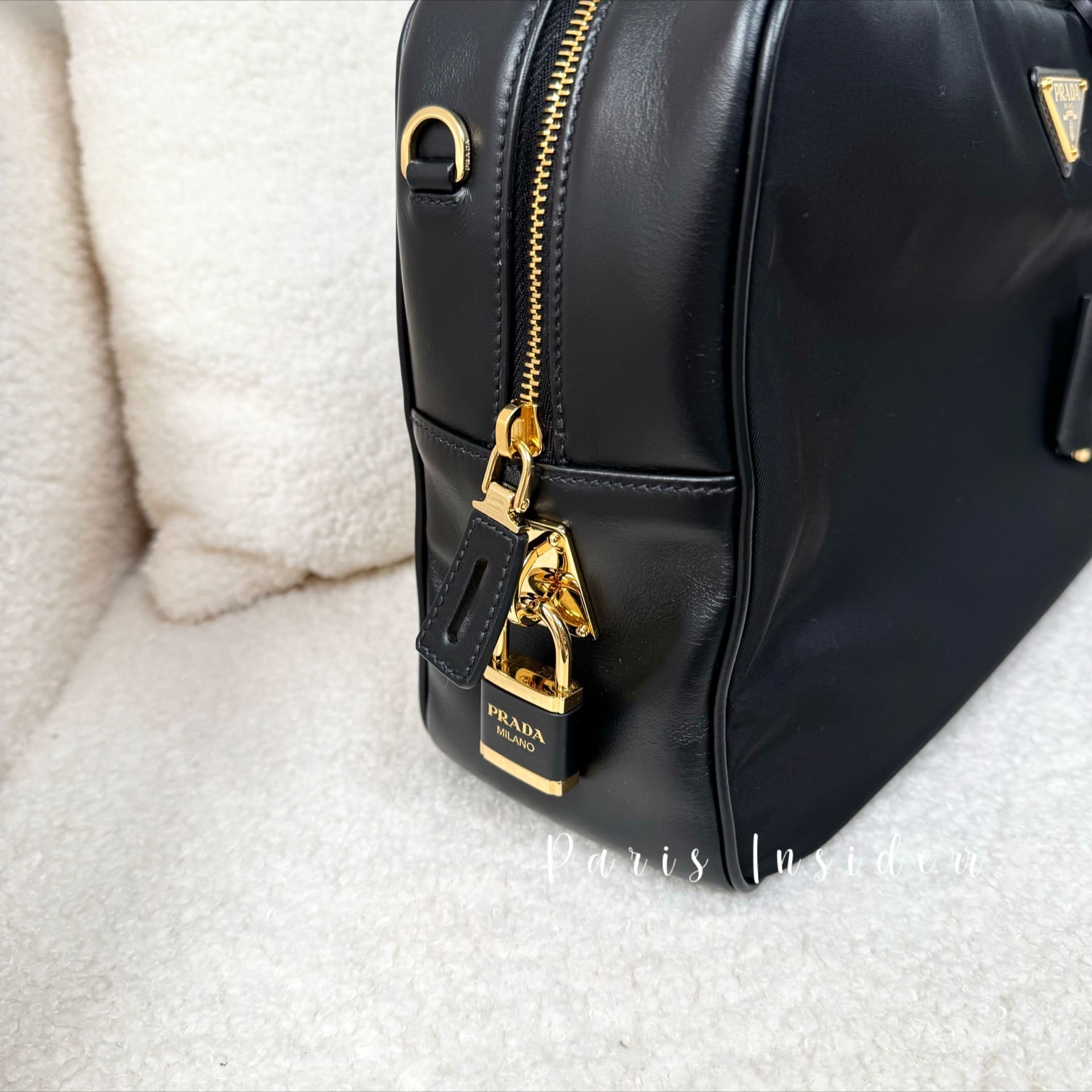 Prada Large Re-Nylon And Leather Top-Handle Bag With Padlock - Black 黑 - Image 4