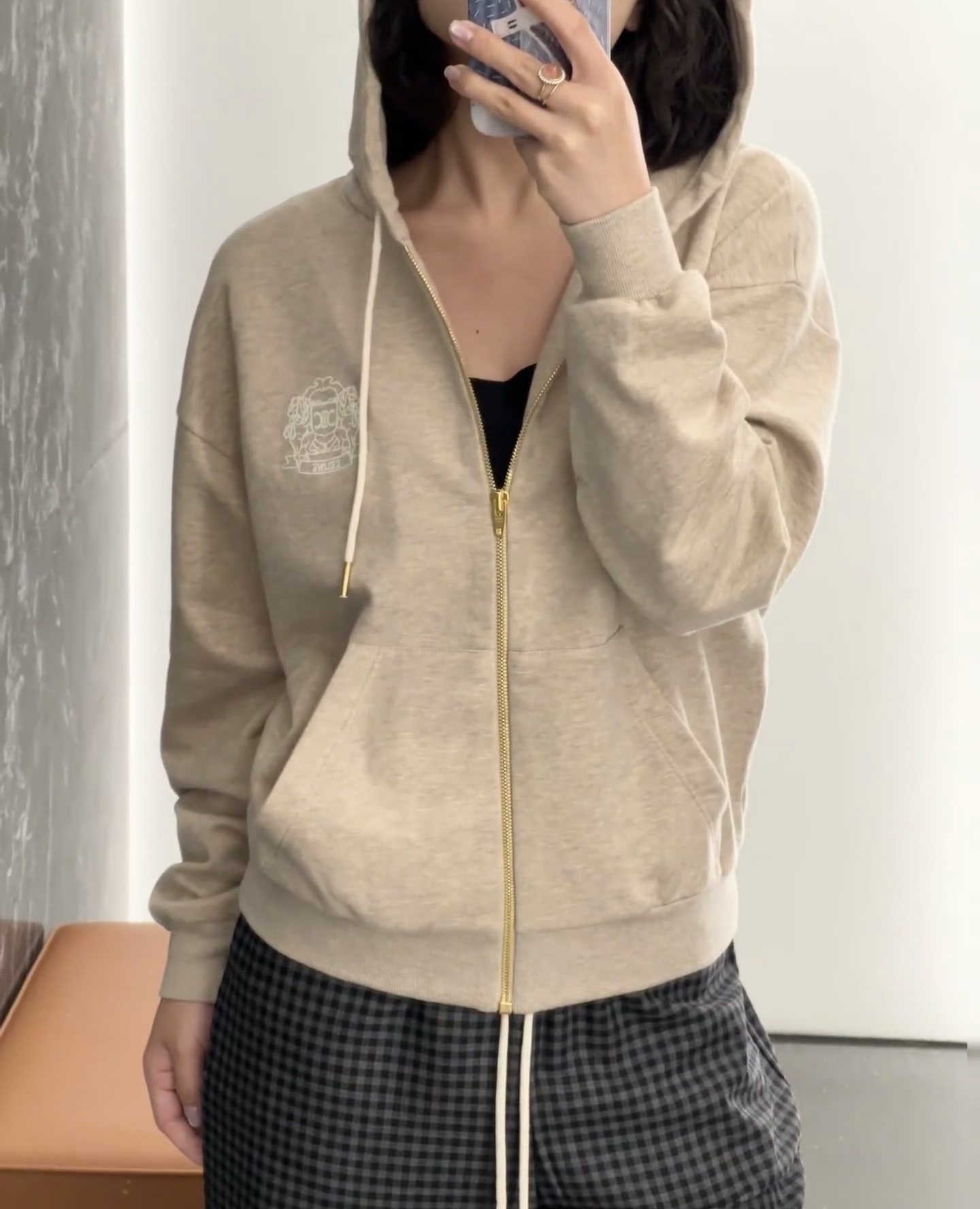 Celine Zipped Blason Hoodie In Cashmere Cotton - Beige - Image 3