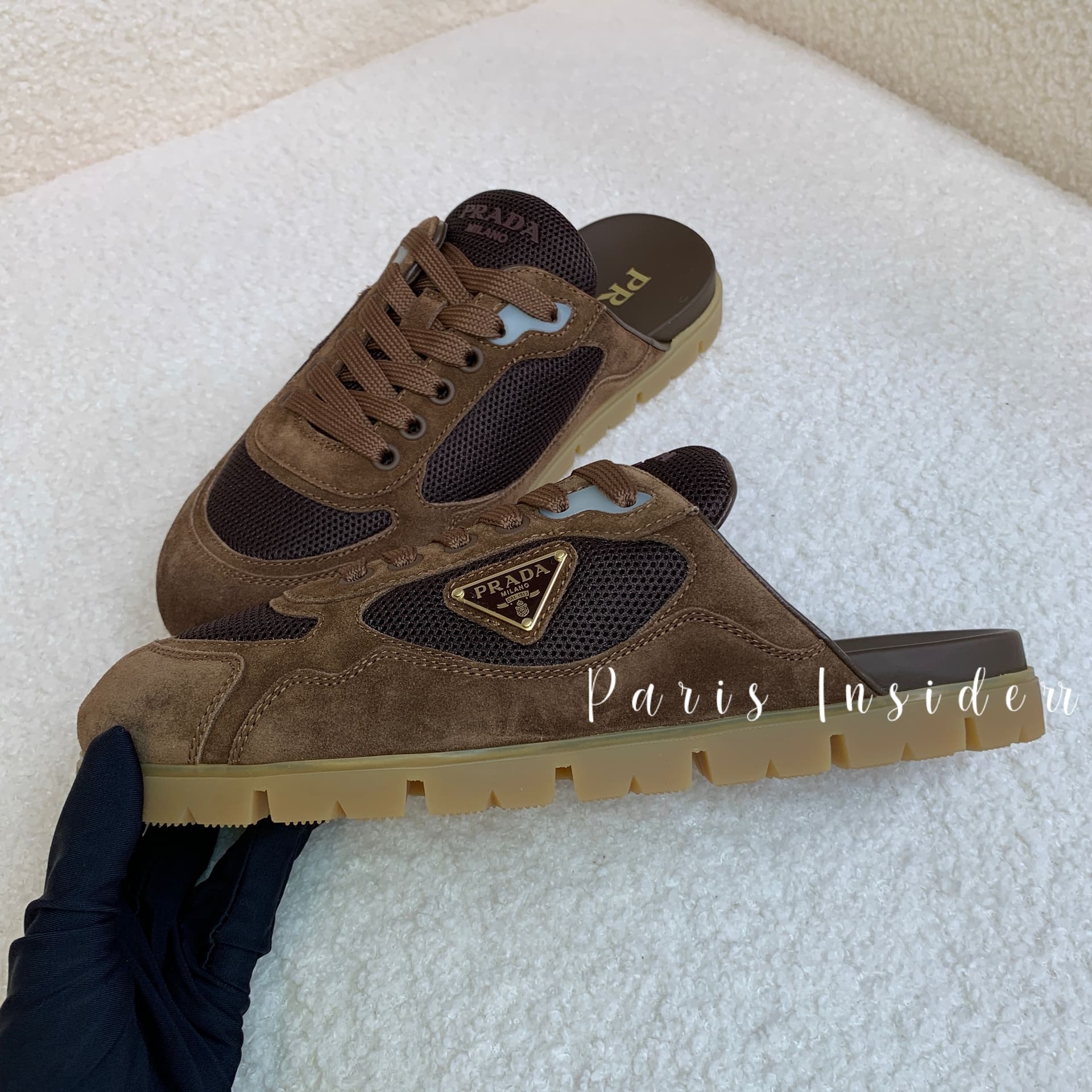 Prada Trail Mesh Fabric And Suede Mules - Cocoa Brown 可可棕 - Image 3