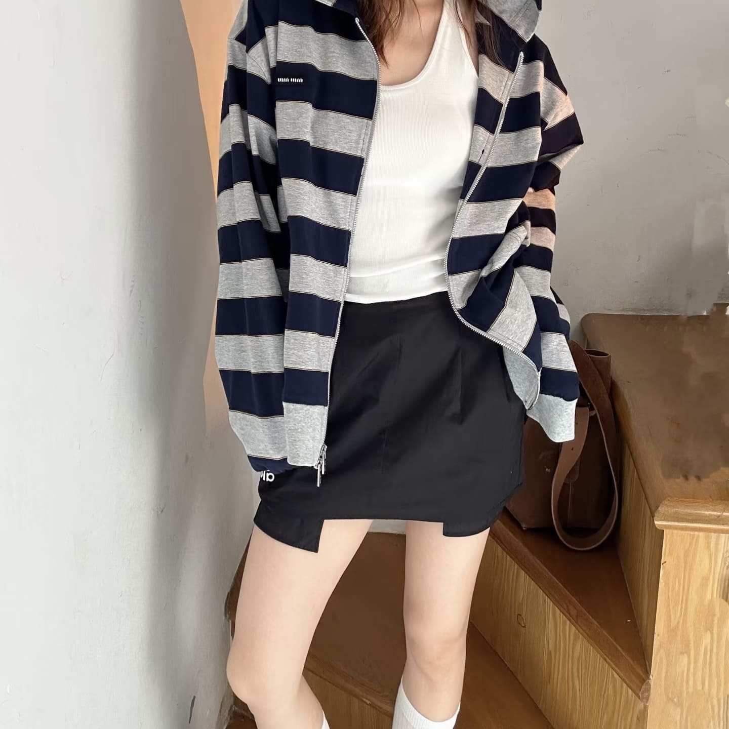 Miu Miu Striped Zip-up Hoodie - Blue 藍色/灰色 - Image 4