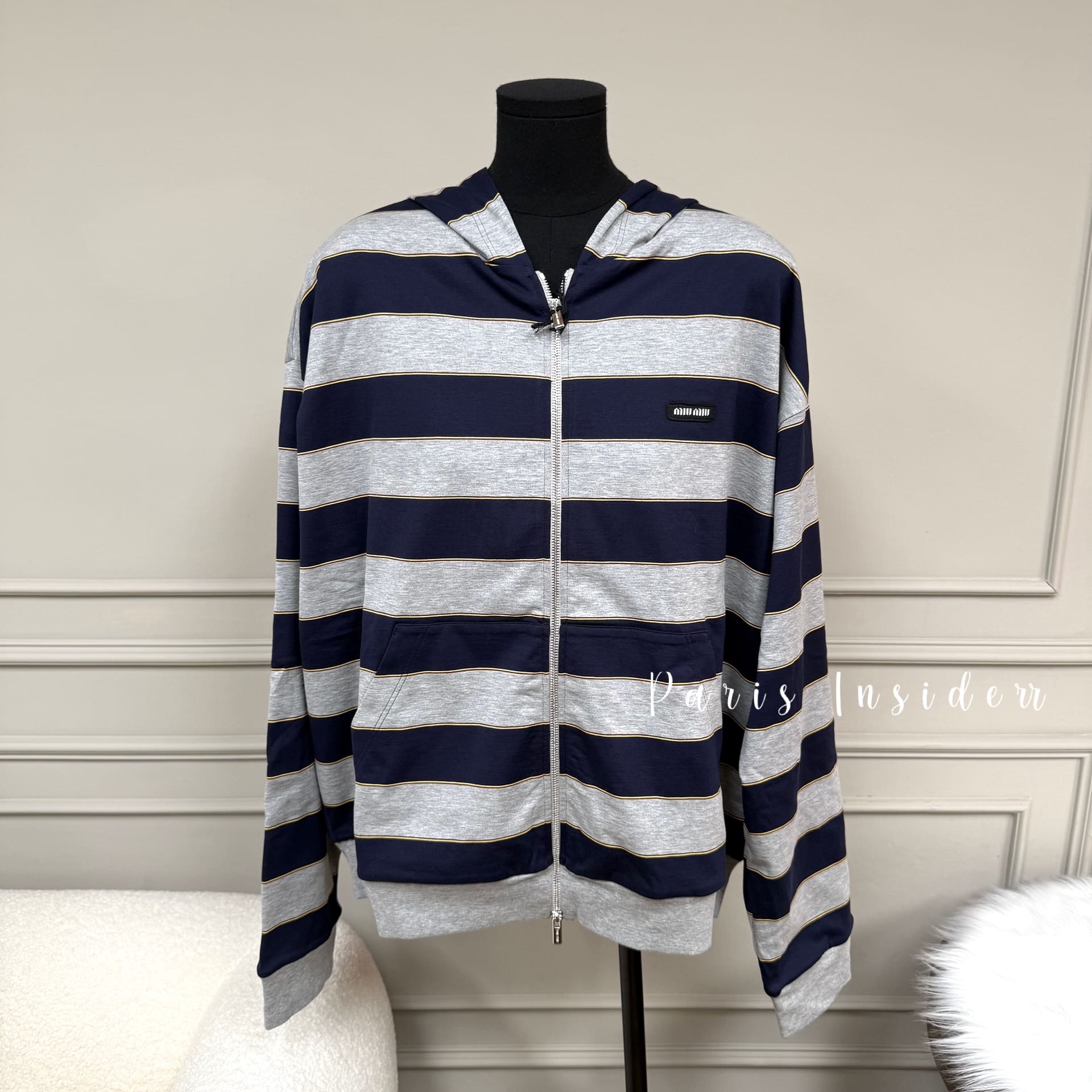 Miu Miu Striped Zip-up Hoodie - Blue 藍色/灰色