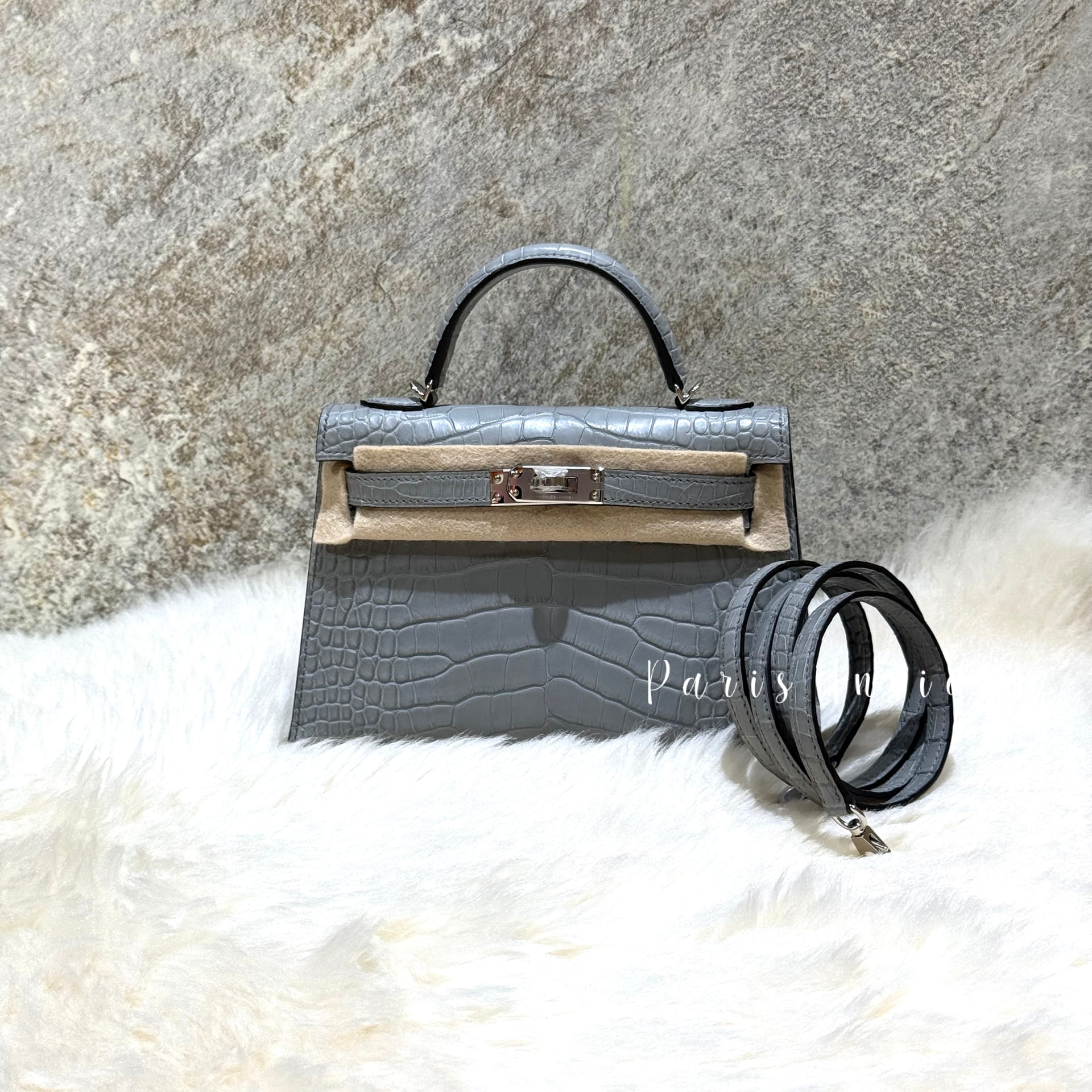 Hermes MIni Kelly II Crocodile - 0V Gris Ciment PHW (水泥灰)