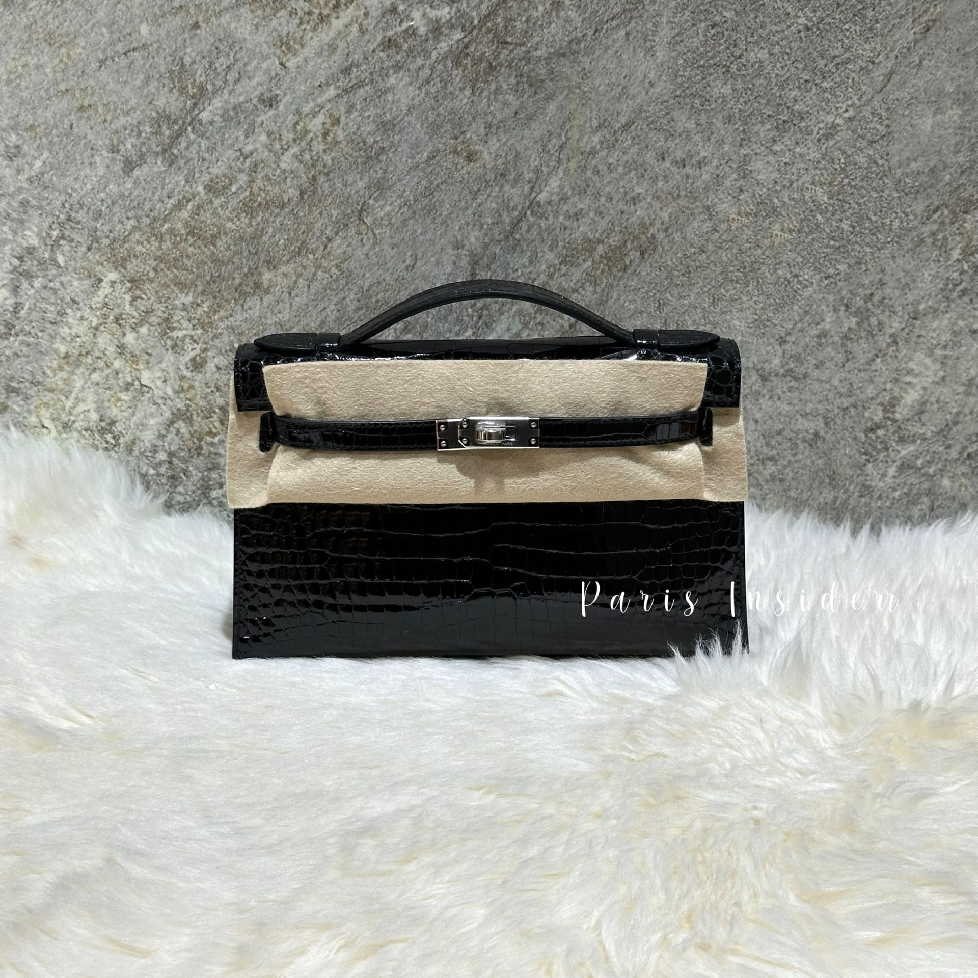 Hermes Kelly Pochette Alligator Lisse Shiny - Noir Black PHW