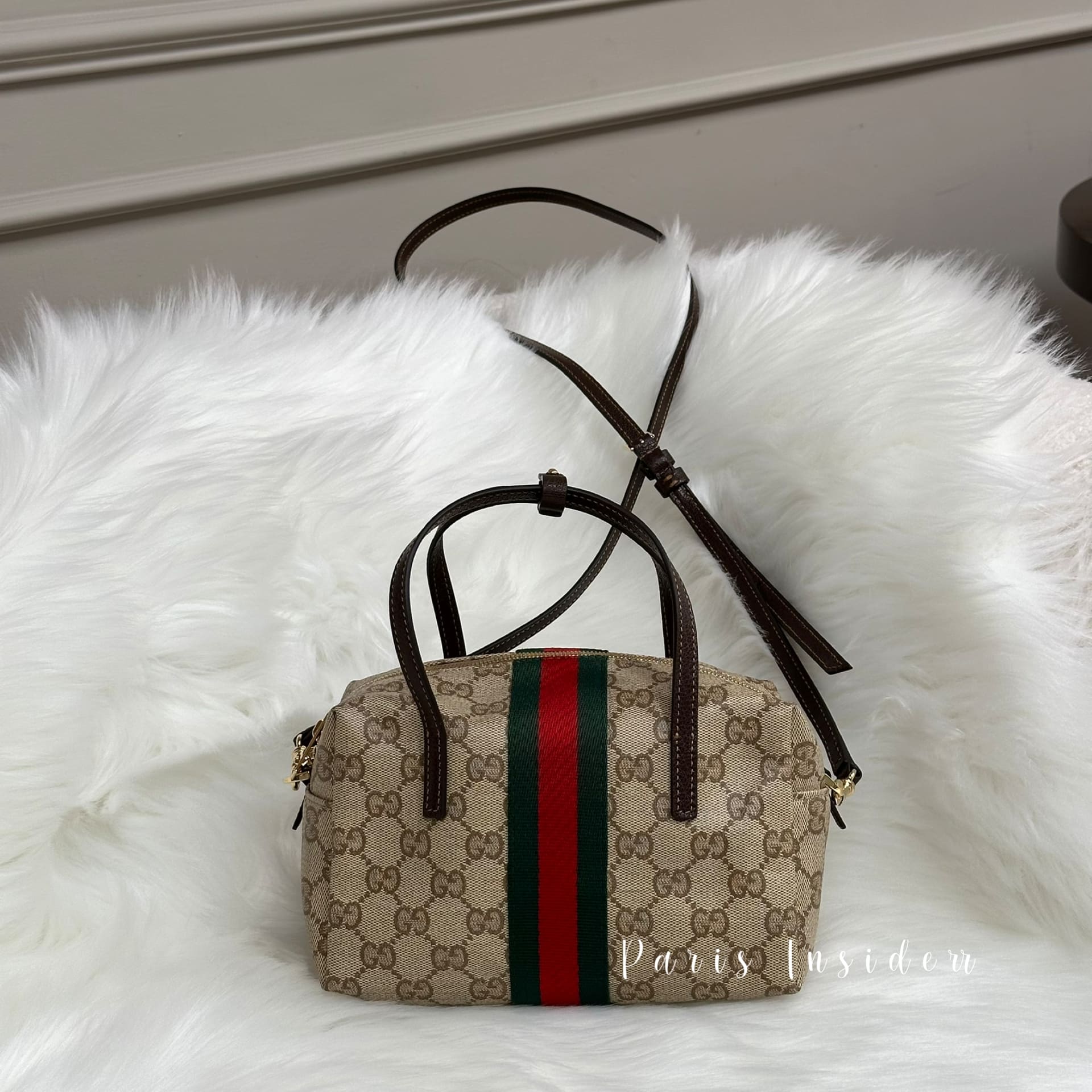 Gucci Mini Boston Bag with Web - Sand and Dark Brown GG coated canvas