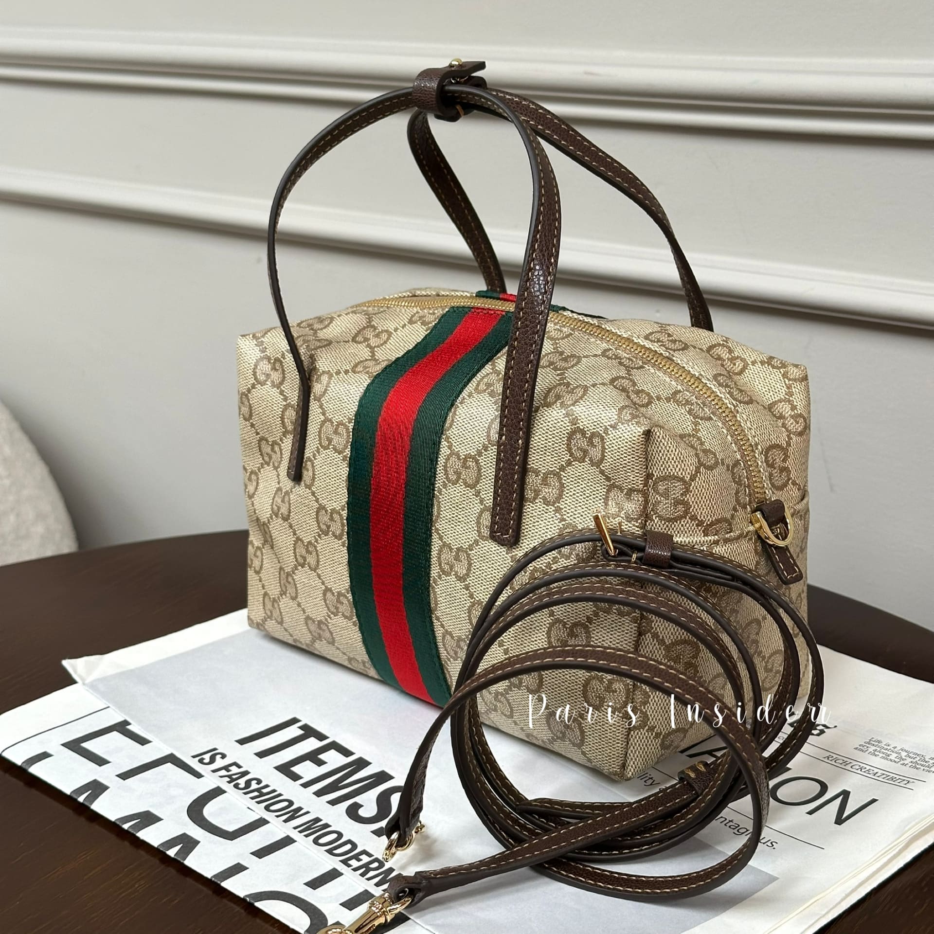 Gucci Mini Boston Bag with Web - Sand and Dark Brown GG coated canvas - Image 3