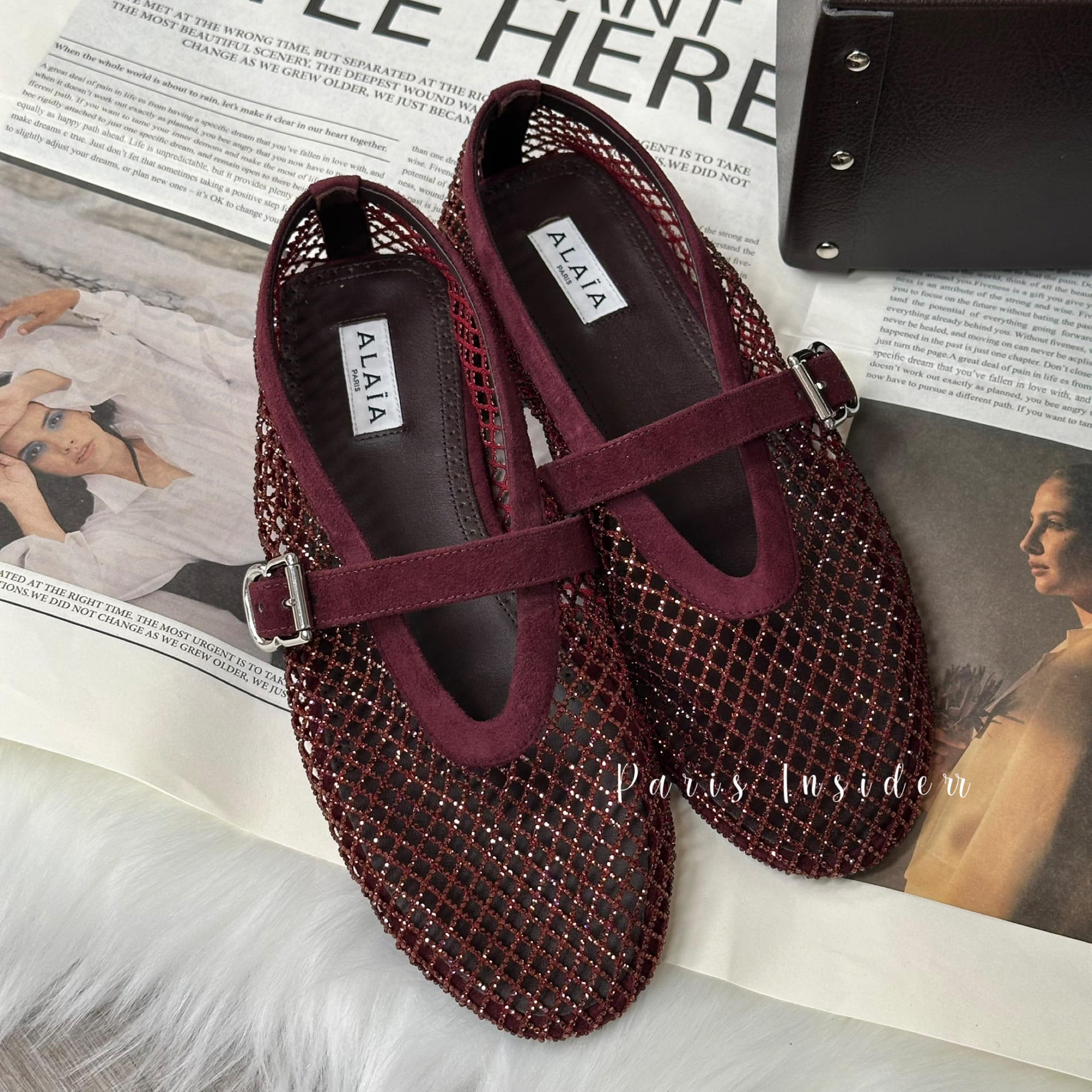 Alaia Patent leather-trimmed mesh ballet flats - Burgundy (酒紅色)